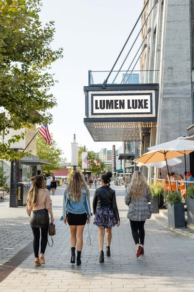 Girls in the city walking wearing Lumen Luxe extensions